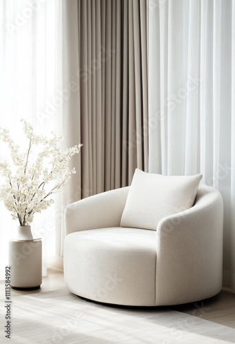 Modern lounge chair with decorative plant in bright minimalistic living room ...