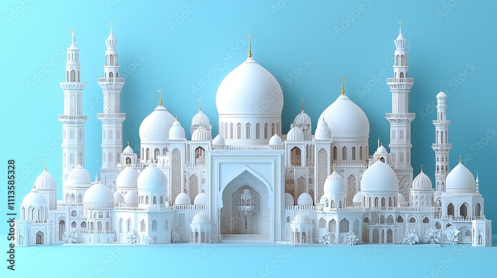 Obraz premium Intricate Paper Architecture of a Majestic White Building Against Blue Background