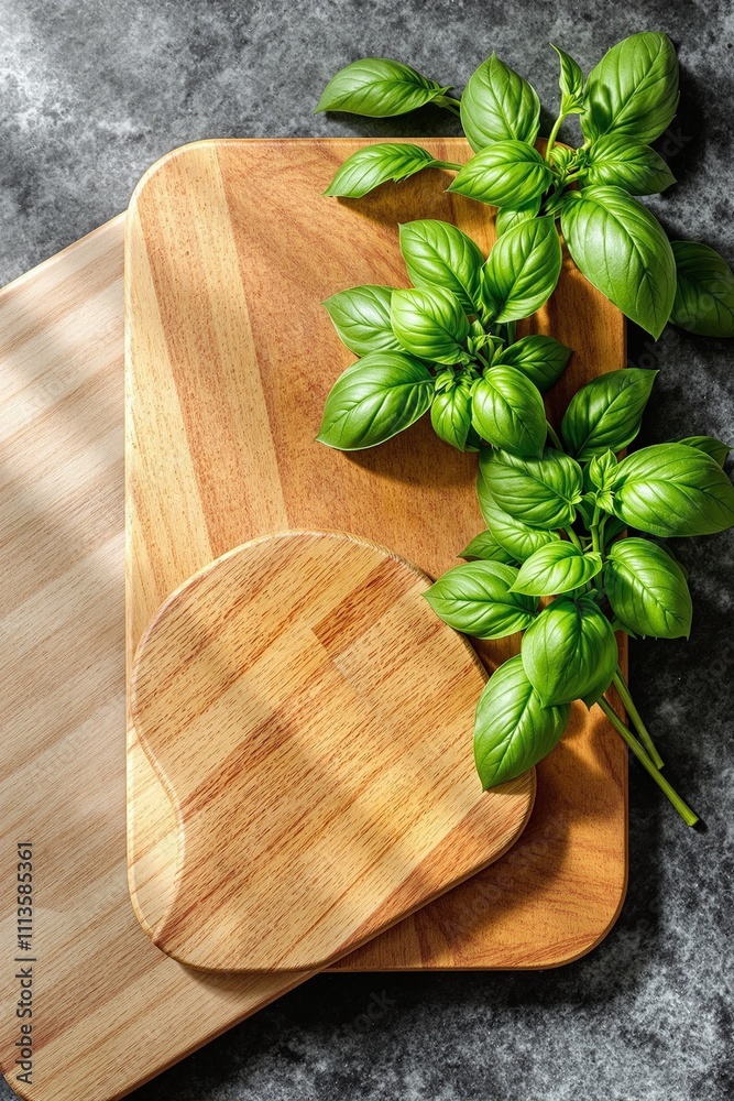 Fresh Basil Leaves on Wooden Cutting Boards with Natural Light Fresh Basil Leaves on Wooden Cutting Boards with Natural Light
