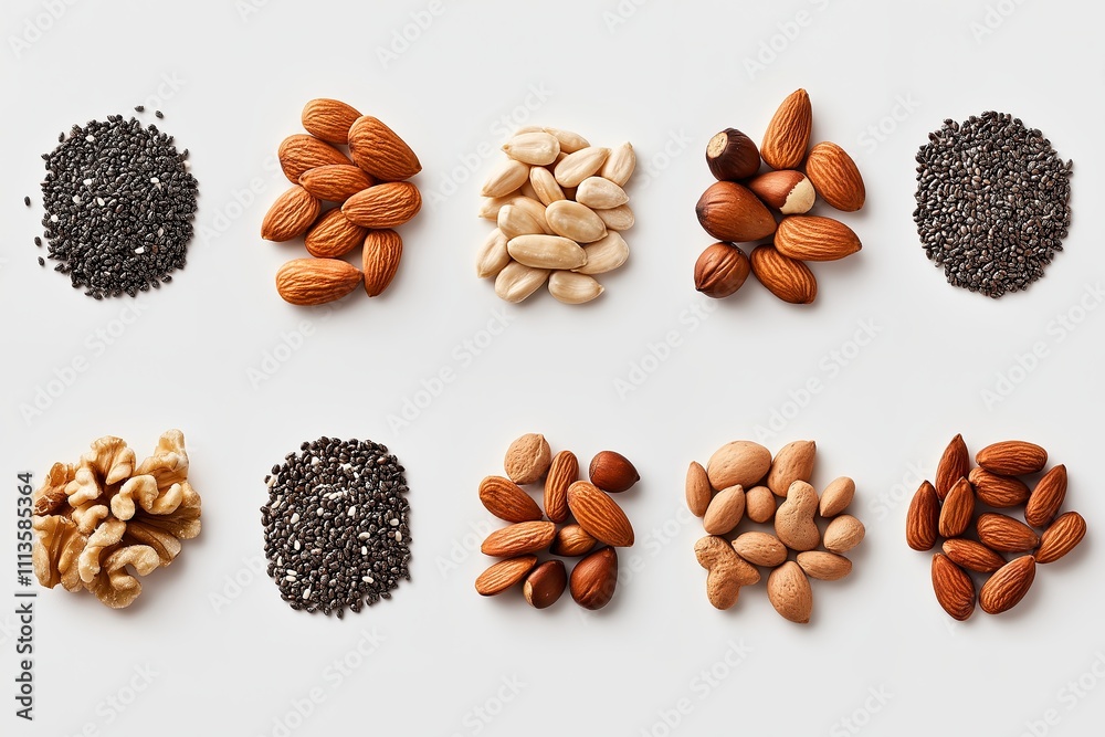 A flat lay of raw nuts and seeds: almonds, walnuts, chia seeds, sunflower seeds, and flaxseeds A flat lay of raw nuts and seeds: almonds, walnuts, chia seeds, sunflower seeds, and flaxseeds