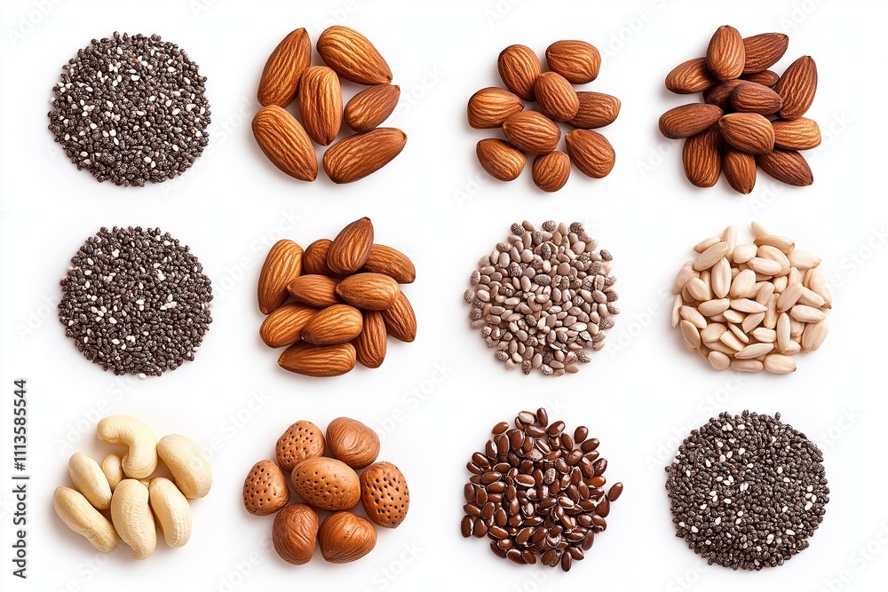 A flat lay of raw nuts and seeds: almonds, walnuts, chia seeds, sunflower seeds, and flaxseeds A flat lay of raw nuts and seeds: almonds, walnuts, chia seeds, sunflower seeds, and flaxseeds
