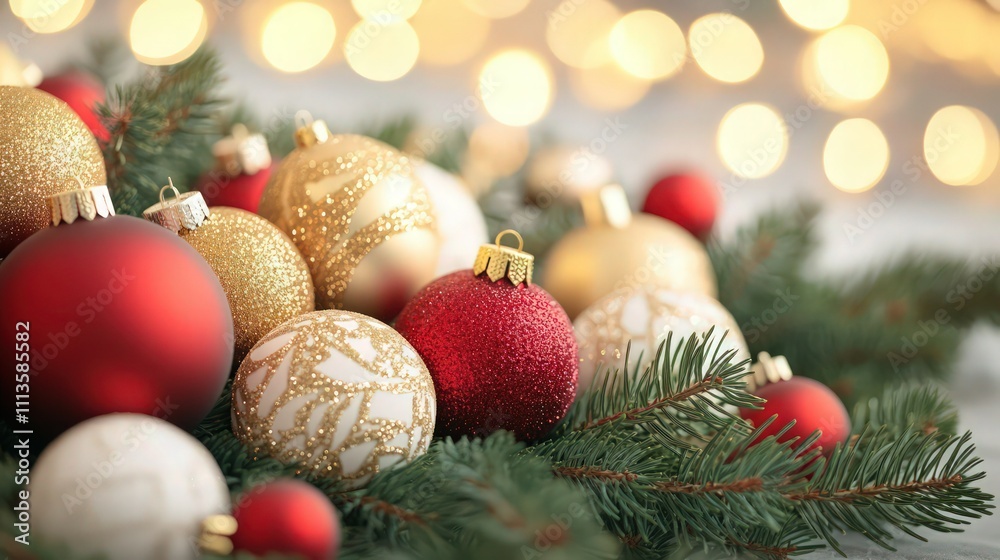 A beautiful arrangement of red, gold, and white festive ornaments accompanied by pine branches, creating a cozy holiday atmosphere with blurred lights in the background. A beautiful arrangement of red, gold, and white festive ornaments accompanied by pine branches, creating a cozy holiday atmosphere with blurred lights in the background.