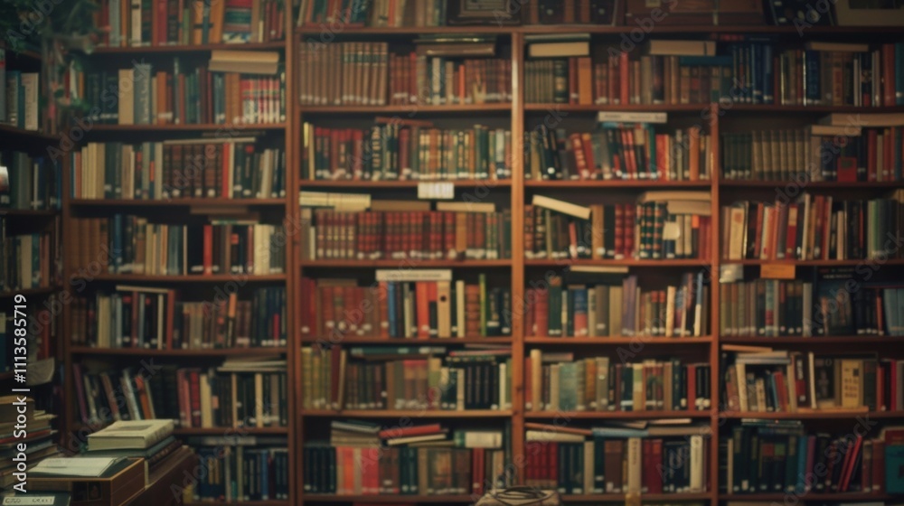 Hazy bookshelves showcasing a diverse range of titles to suit every taste. Hazy bookshelves showcasing a diverse range of titles to suit every taste.