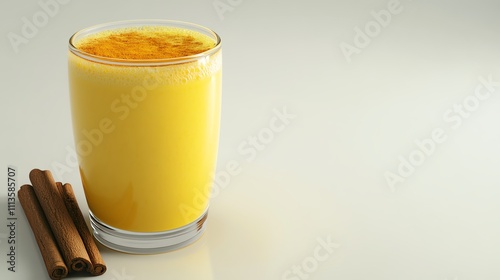 A glass of golden turmeric milk with cinnamon, placed on a simple white background, Generative AI photo