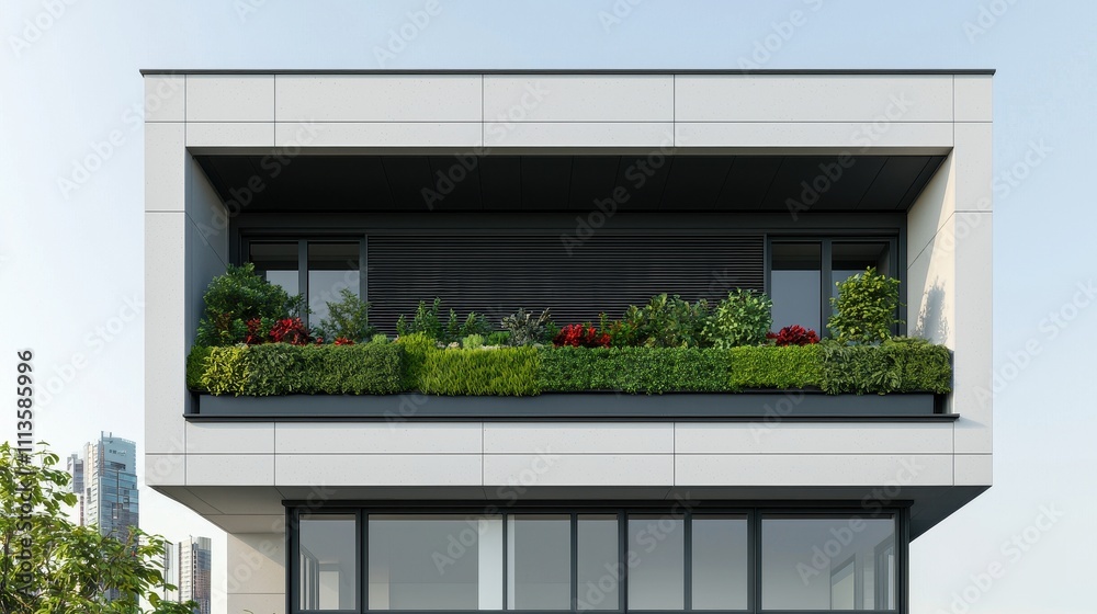 Modern Architectural Design with Green Balcony and Urban Landscape View Modern Architectural Design with Green Balcony and Urban Landscape View