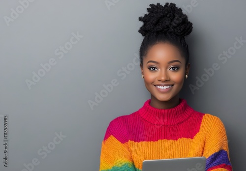 Young woman smiling while holding a laptop in a cozy, stylish sweater against...