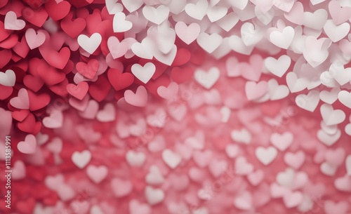 Pink paper hearts scattered on a soft pink background for a festive celebration