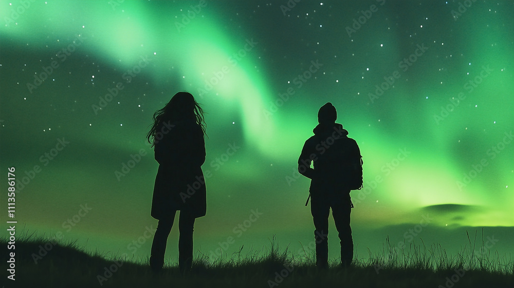 Couple, boy and girl, man and woman against the northern lights. Space backdrop, romantic art Couple, boy and girl, man and woman against the northern lights. Space backdrop, romantic art