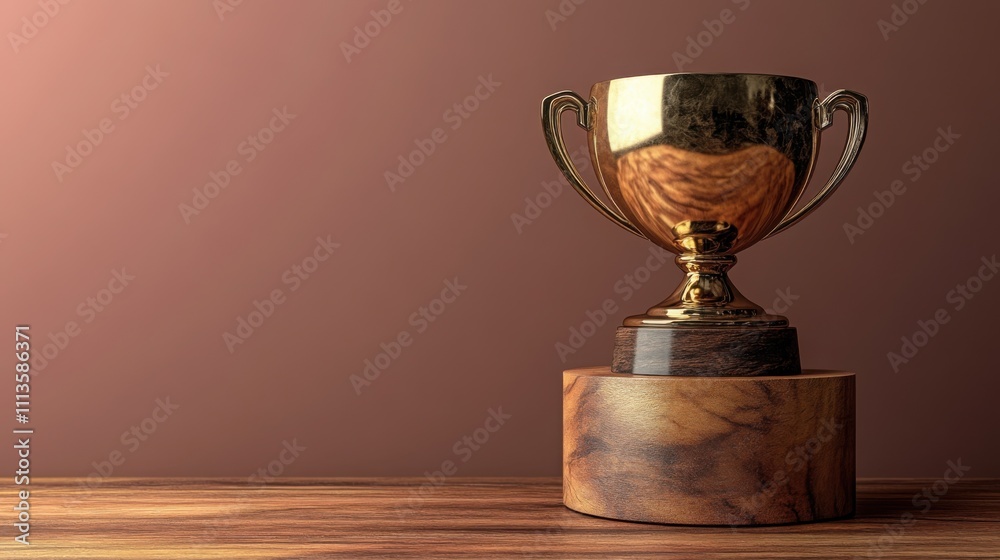 A Gleaming Golden Trophy on Polished Wooden Podium: Perfect for Victory, Achievement, and Award Ceremony Stock Photo A Gleaming Golden Trophy on Polished Wooden Podium: Perfect for Victory, Achievement, and Award Ceremony Stock Photo