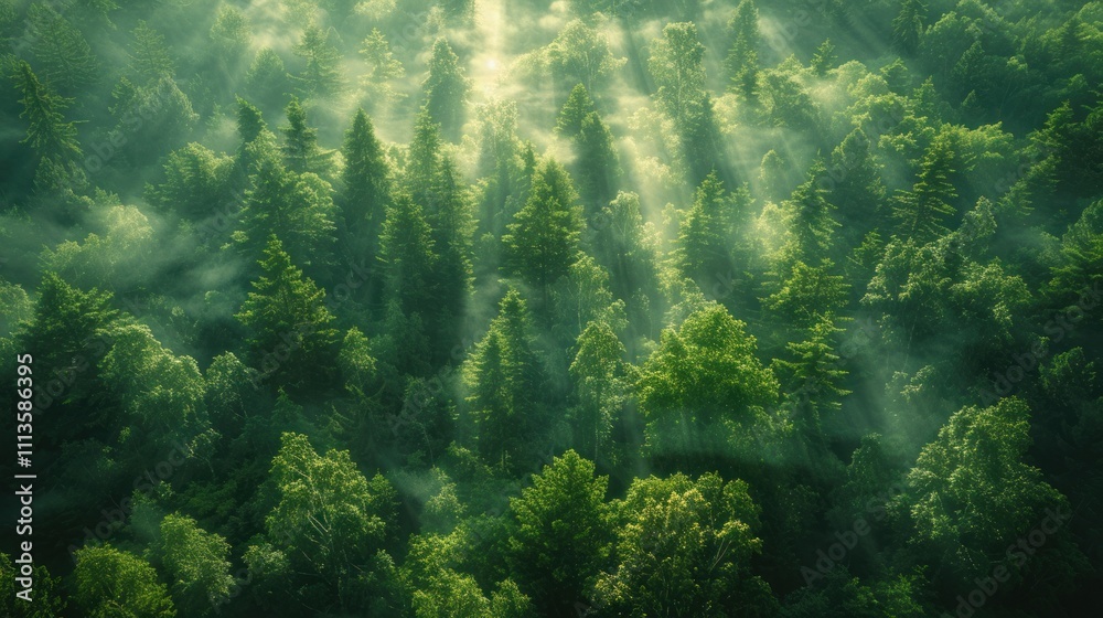 Aerial View of a Misty Rainforest at Sunrise with Light Rays Aerial View of a Misty Rainforest at Sunrise with Light Rays