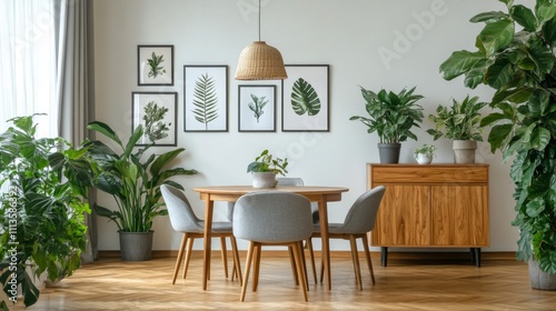 Elegant dining room with modern decor and indoor plants during daylight