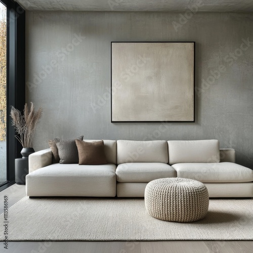 Modern living room with neutral colors and minimalist decor for a serene atmo...
