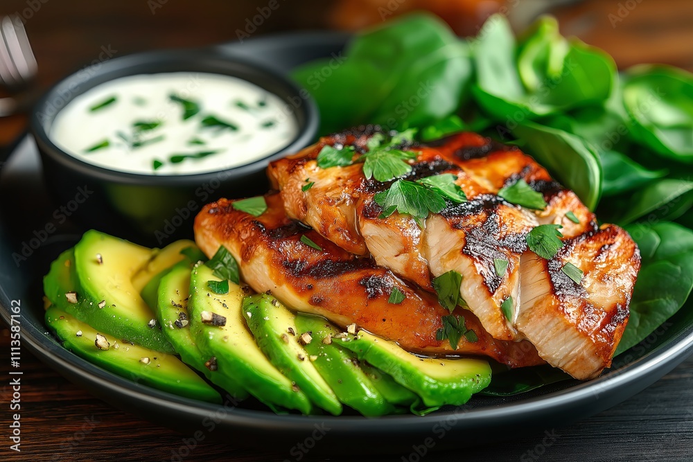 A healthy wrap filled with grilled chicken, avocado, spinach, and a yogurt dressing A healthy wrap filled with grilled chicken, avocado, spinach, and a yogurt dressing