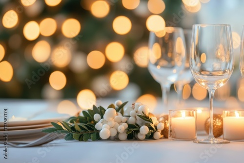 Elegant holiday table setting with wine glasses and festive decorations durin...