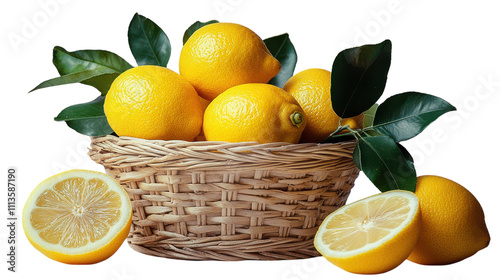 Wallpaper Mural A woven basket brims with ripe, yellow lemons nestled among lush green leaves, capturing the essence of a sunny harvest day, bright and refreshing Torontodigital.ca