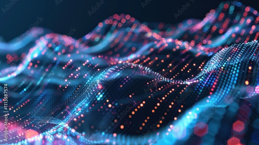 Dark hues and neon waves converge, producing an abstract representation of digital data flow Dark hues and neon waves converge, producing an abstract representation of digital data flow