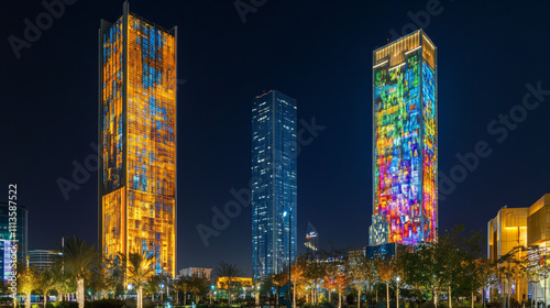 Kingdom of Saudi Arabia Landscape at night - Riyadh Tower Kingdom Center - Kingdom Tower - Riyadh skyline - Riyadh at night photo