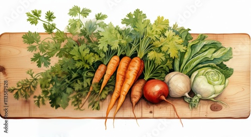 Colorful variety of fresh vegetables displayed on a rustic wooden shelf