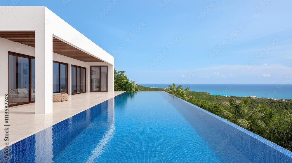 Fototapeta premium Modern Villa with Infinity Pool Overlooking Scenic Ocean View in Tropical Paradise