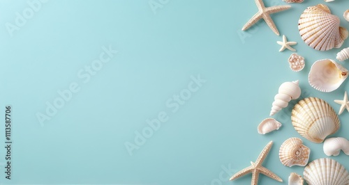Collection of seashells and starfish arranged on a light blue background for ...