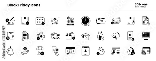 Black friday icon set. black friday, discount, e-commerce, online shop, promotion, advertising, offer, sale, business, store, marketing, event, shopping. Vector black fill icon illustration