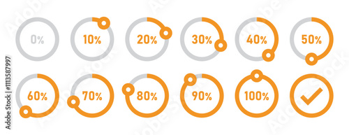 Infographic loading circles and progress circles set with 0 to 100 percent in orange color. Set of circle percentage diagrams for infographics 0 10 20 30 40 50 60 70 80 90 100 percent. Vector icon