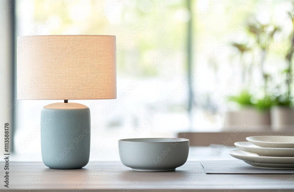 Obraz premium Softly lit lamp and minimalist tableware create a serene dining atmosphere