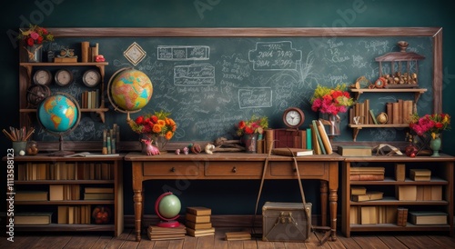 Vibrant classroom with a chalkboard, books, and decorative globes for a creat...