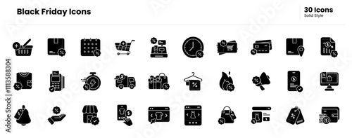 Black friday icon set. black friday, discount, e-commerce, online shop, promotion, advertising, offer, sale, business, store, marketing, event, shopping. Vector solid icon illustration