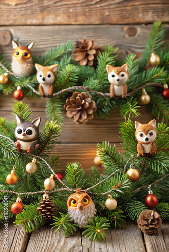 Christmas wreath with reindeer decorations on wood