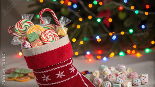 Christmas stocking filled with candy and festive lights photo