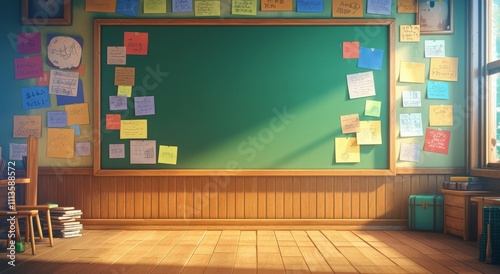 Classroom with green chalkboard and colorful sticky notes in sunlight