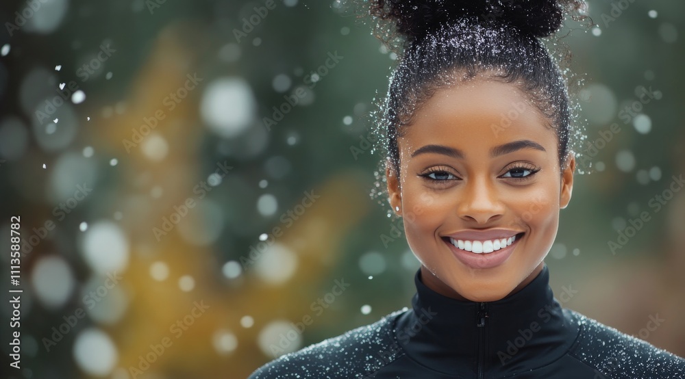 Smiling woman enjoying winter snowfall in a forest setting with blurred background Smiling woman enjoying winter snowfall in a forest setting with blurred background