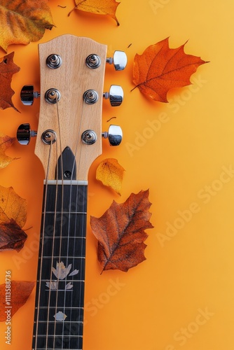 Acoustic guitar with autumn leaves arranged on a light blue background