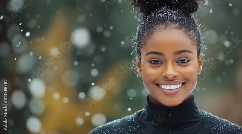 Smiling woman enjoying winter snowfall in a forest setting with blurred backg...