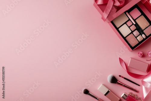 Makeup items arranged on a pink background for a beauty themed layout or display