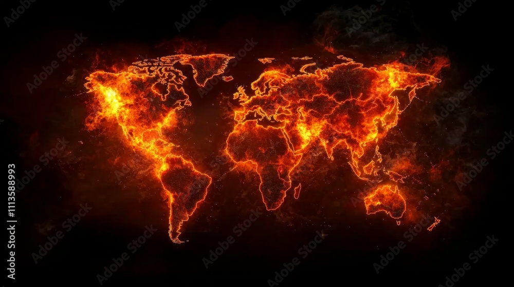 nuclear war world concept. Fiery world map against a dark background