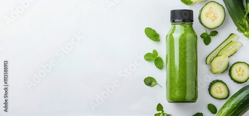 Refreshing green smoothie made with fresh vegetables and fruits on a clean su...