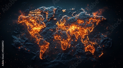 nuclear war world concept. Glowing map of the world in flames