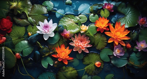 Water lilies bloom in tranquil pond surrounded by green lily pads during sunn...