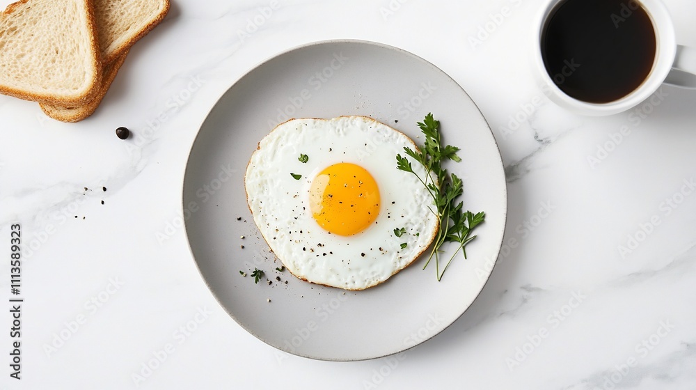 Fried egg on a plate with toast and coffee, top view. Fried egg on a plate with toast and coffee, top view.