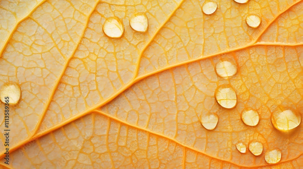 Fototapeta premium Golden Leaf Veins Water Droplets Texture