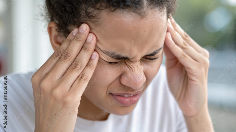 Fototapeta premium Woman experiencing intense headache holding her temples