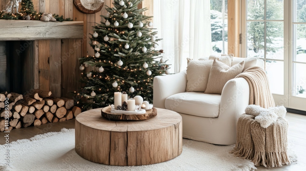 Cozy winter living room with a decorated Christmas tree and comfortable seating area Cozy winter living room with a decorated Christmas tree and comfortable seating area