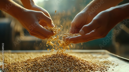 Hands pouring grains into a container in a warm kitchen setting at dusk