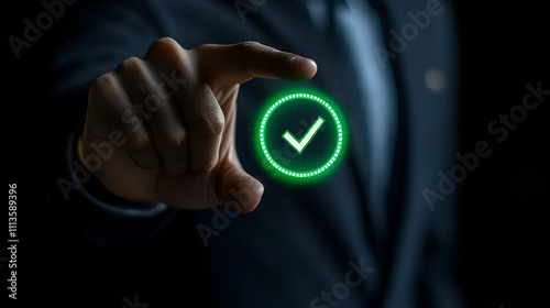 Business Success Confirmation with Checkmark Gesture on Dark Background