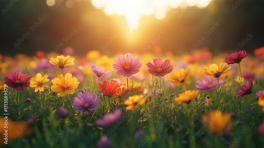 Vibrant Floral Field Bathed in Warm Sunlight and Golden Glow Vibrant Floral Field Bathed in Warm Sunlight and Golden Glow