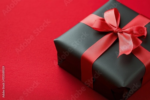 Elegant black gift box with red ribbon on vibrant red background