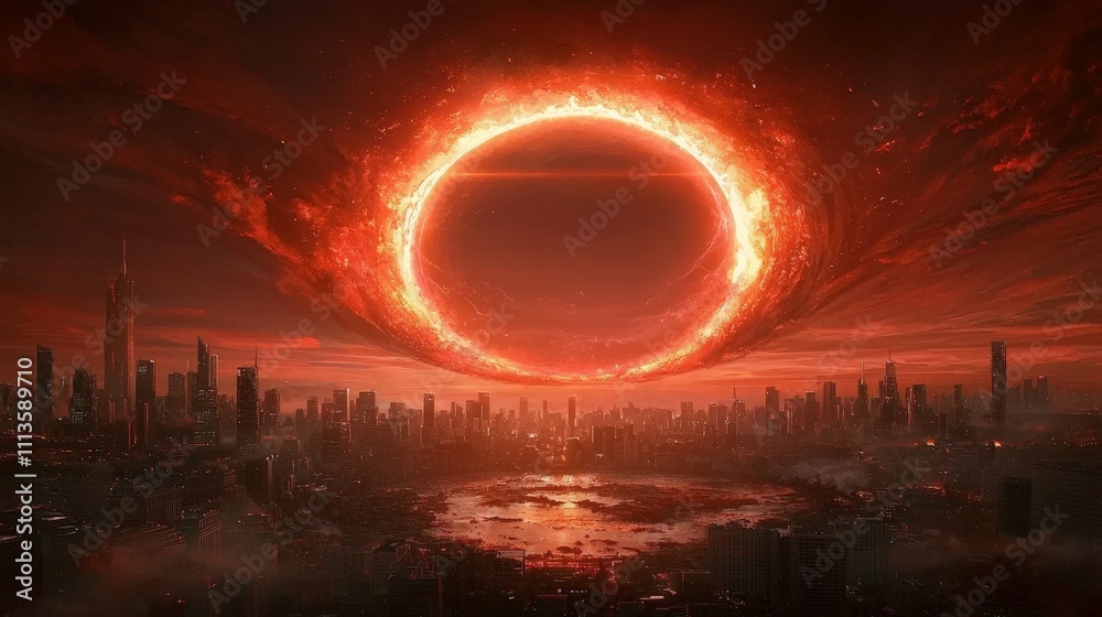nuclear war world concept. Eerie red eclipse over a cityscape nuclear war world concept. Eerie red eclipse over a cityscape