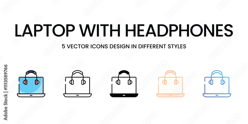 Laptop with Headphones icons set in different style vector stock illustration Laptop with Headphones icons set in different style vector stock illustration